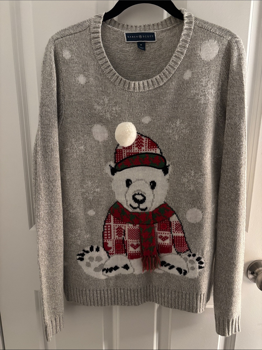 Karen Scott Gray Bear Holiday Sweater with Red and Green Accents